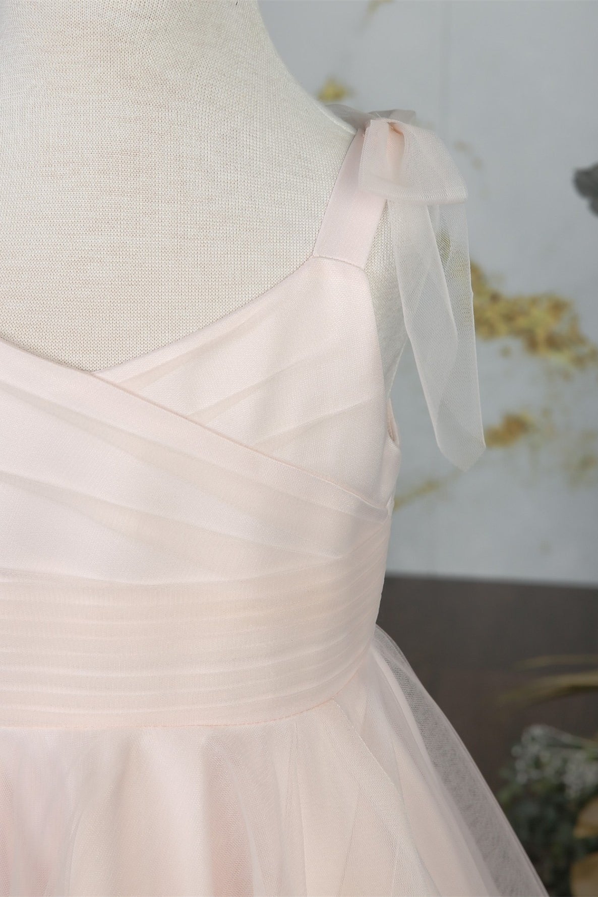 Pink Bow Tie Shoulder Pleated Tulle Long Flower Girl Dress