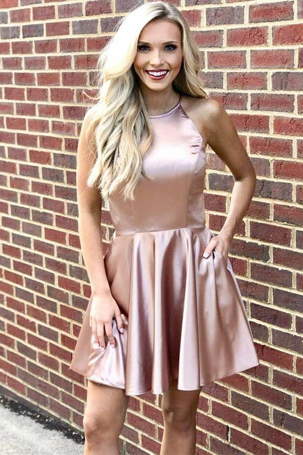 Simple Short Champagne Homecoming Dress with Pockets