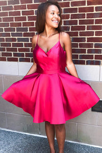 Spaghetti Straps Short Fuchsia Homecoming Dress with Pockets