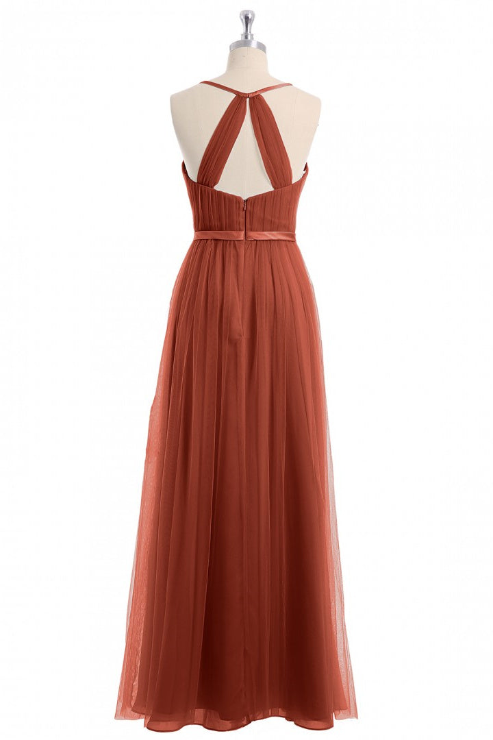 Rust Orange V-Neck Backless A-Line Long Bridesmaid Dress