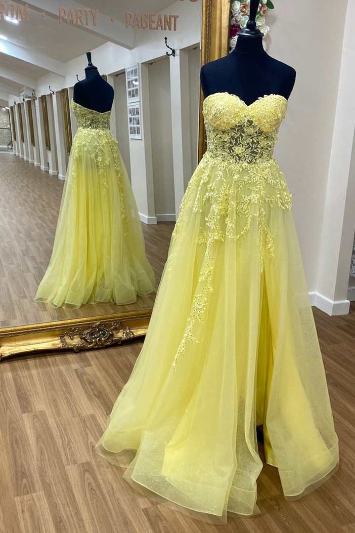 Yellow Strapless Prom Dresses