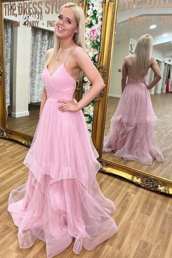 Sparkle Black V-Neck Multi-Tiered A-Line Prom Gown