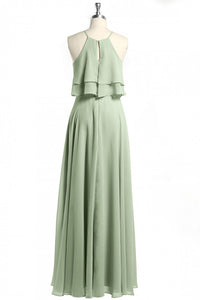 Sage Green Chiffon Halter Ruffle A-Line Long Bridesmaid Dress