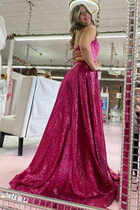 Fuchsia Sequin Round Neck Lace-Up Back A-Line Prom Dress