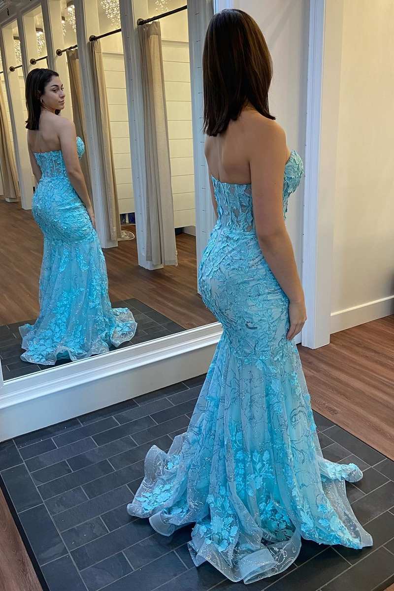 Gorgeous Light Blue Lace Applique Mermaid Prom Dress with