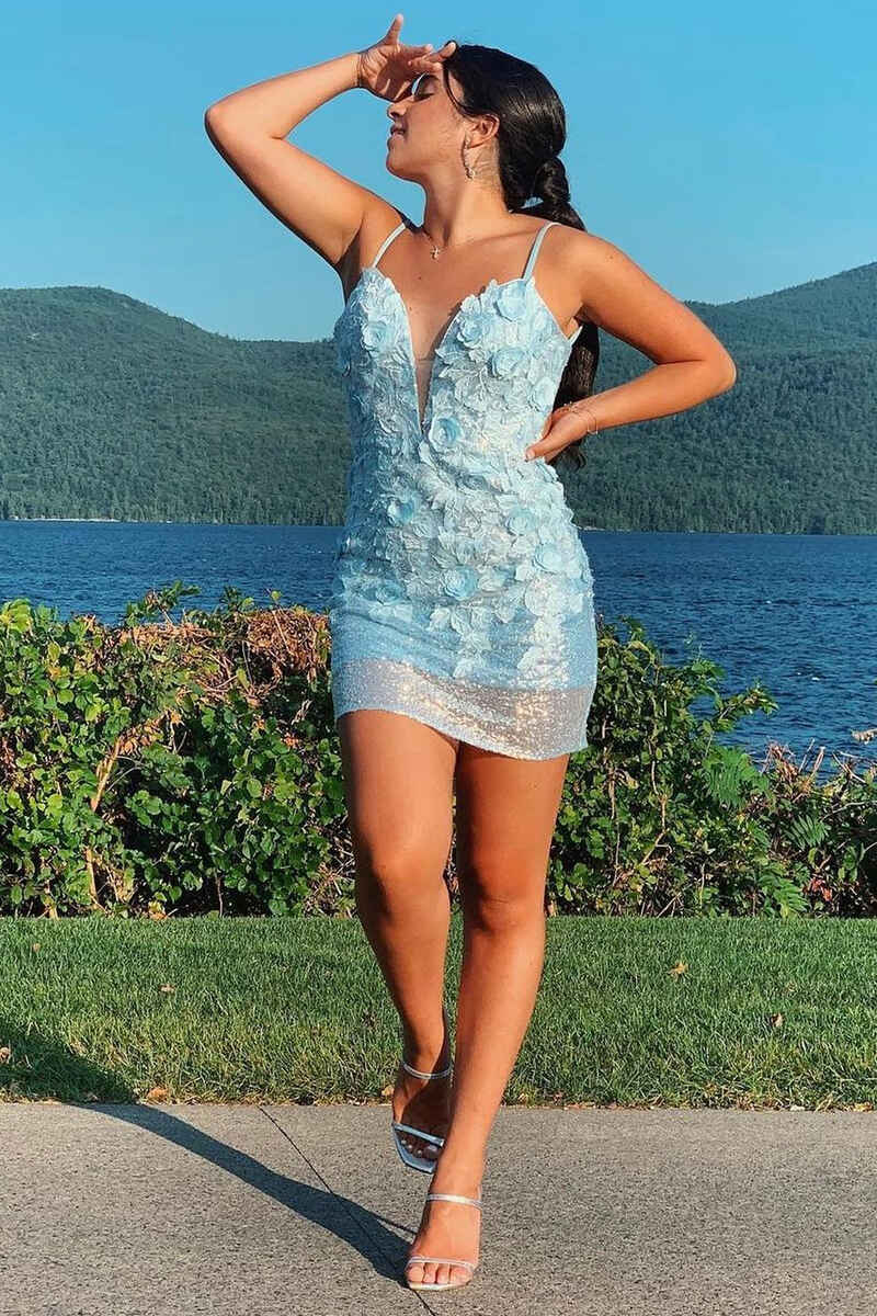 Light Blue Sequined Plunge Neck Backless Mini Homecoming Dress