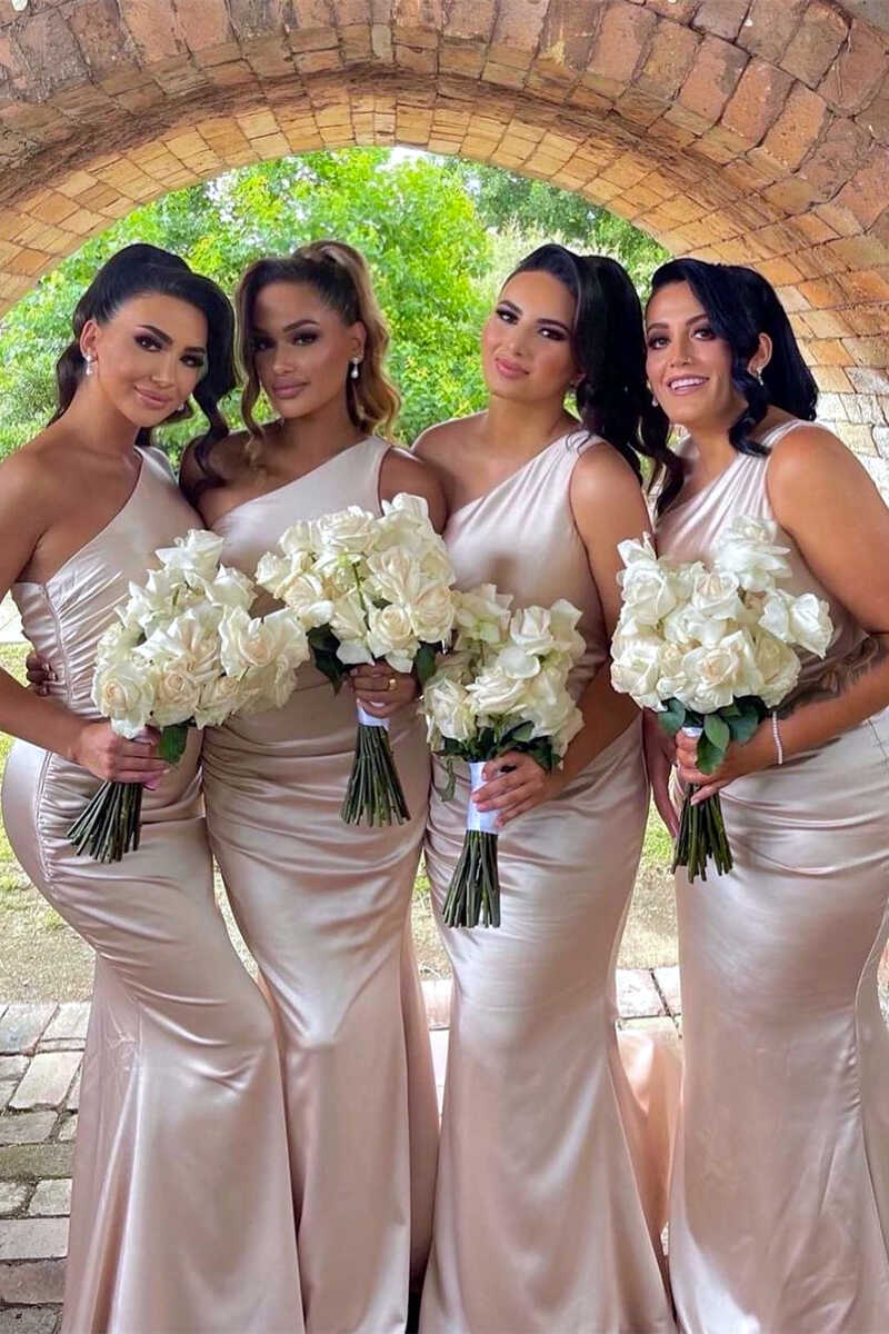 Champagne One-Shoulder Mermaid Long Bridesmaid Dress