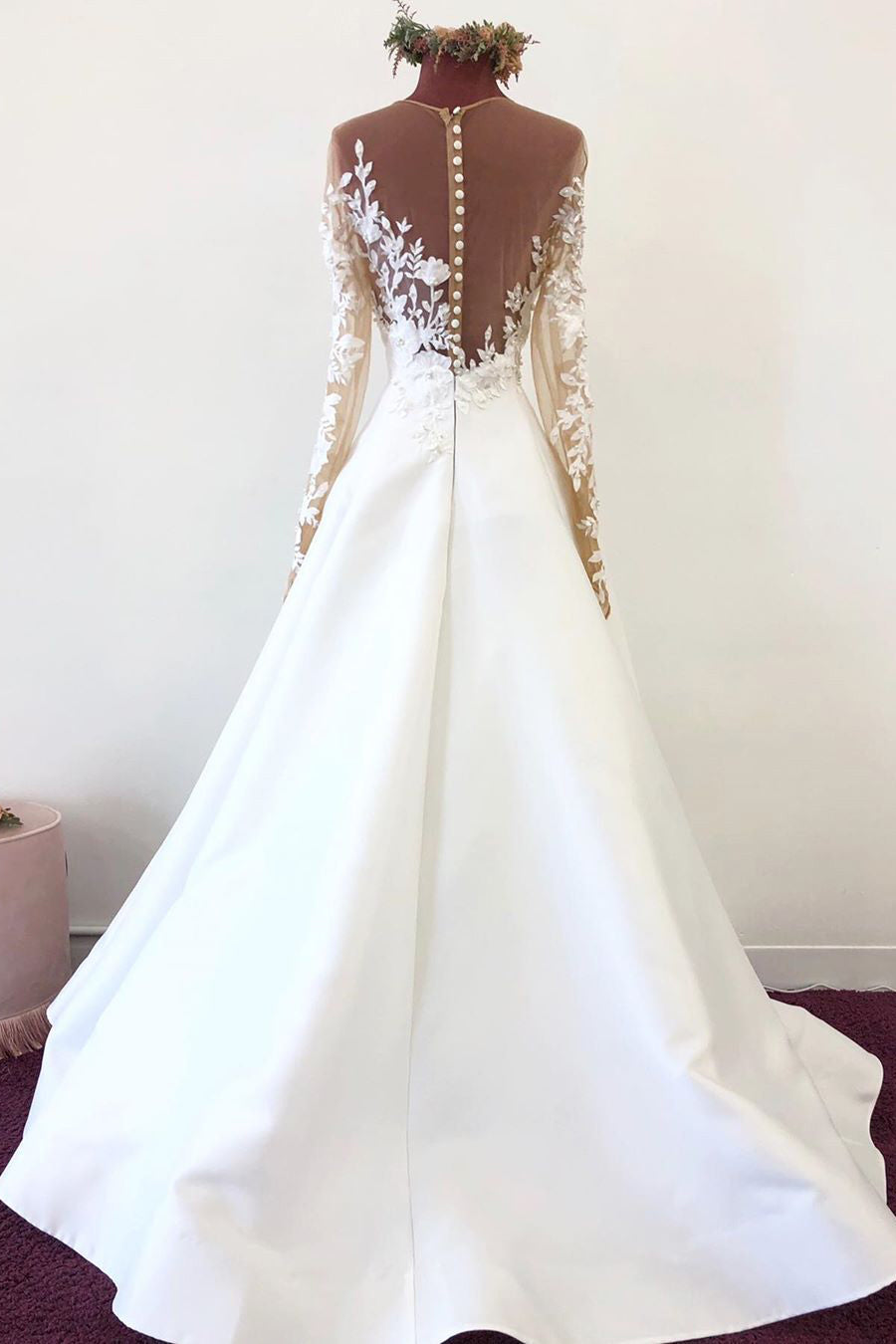 Illusion Neck Long Sleeves White Satin Bridal Gown with Appliques-Button