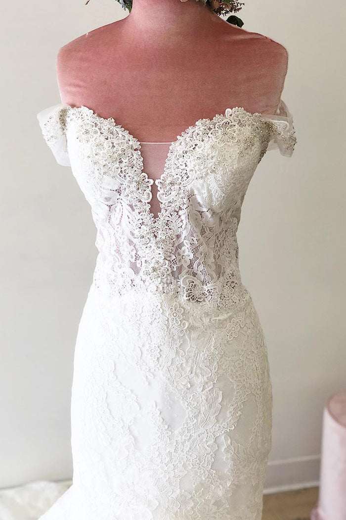 Off the Shoulder Court Train Lace White Wedding Dress