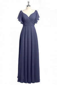 Navy Blue V-Neck Backless Ruffled A-Line Long Dress