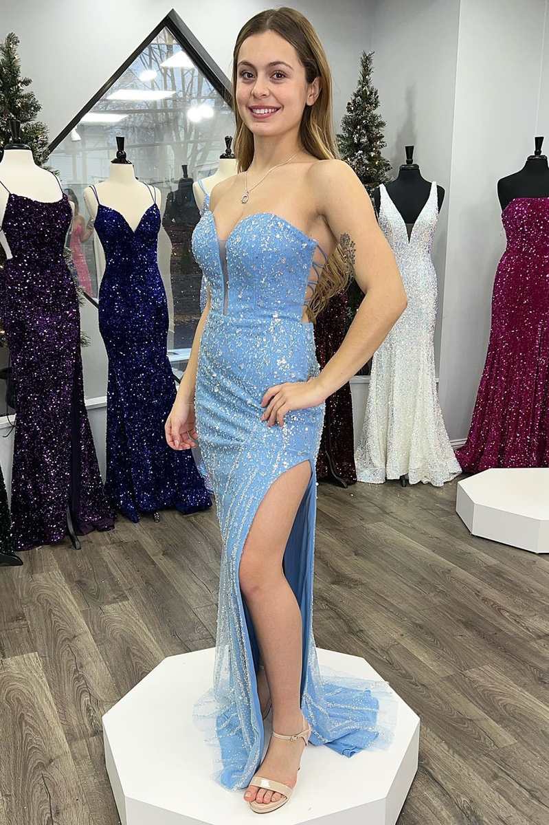 Blue Beaded Strapless Lace Up Mermaid Long Prom Dress with Slit Dreamdressy