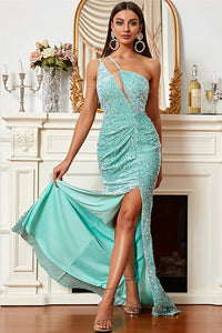 Mint Green Sequins One-Shoulder Long Prom Dress with Slit