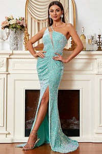 Mint Green Sequins One-Shoulder Long Prom Dress with Slit