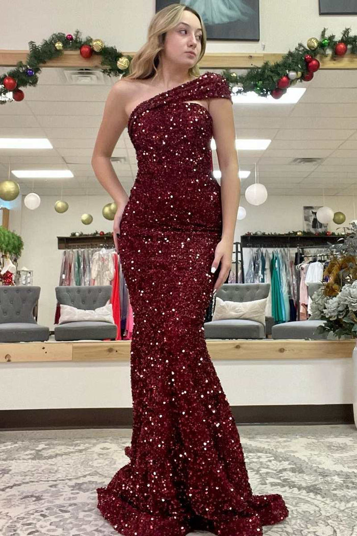Hot Pink Sequin One-Shoulder Mermaid Long Prom Dress