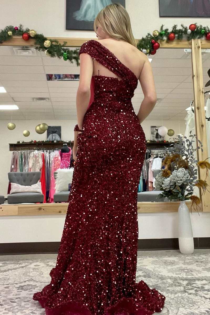 Hot Pink Sequin One-Shoulder Mermaid Long Prom Dress
