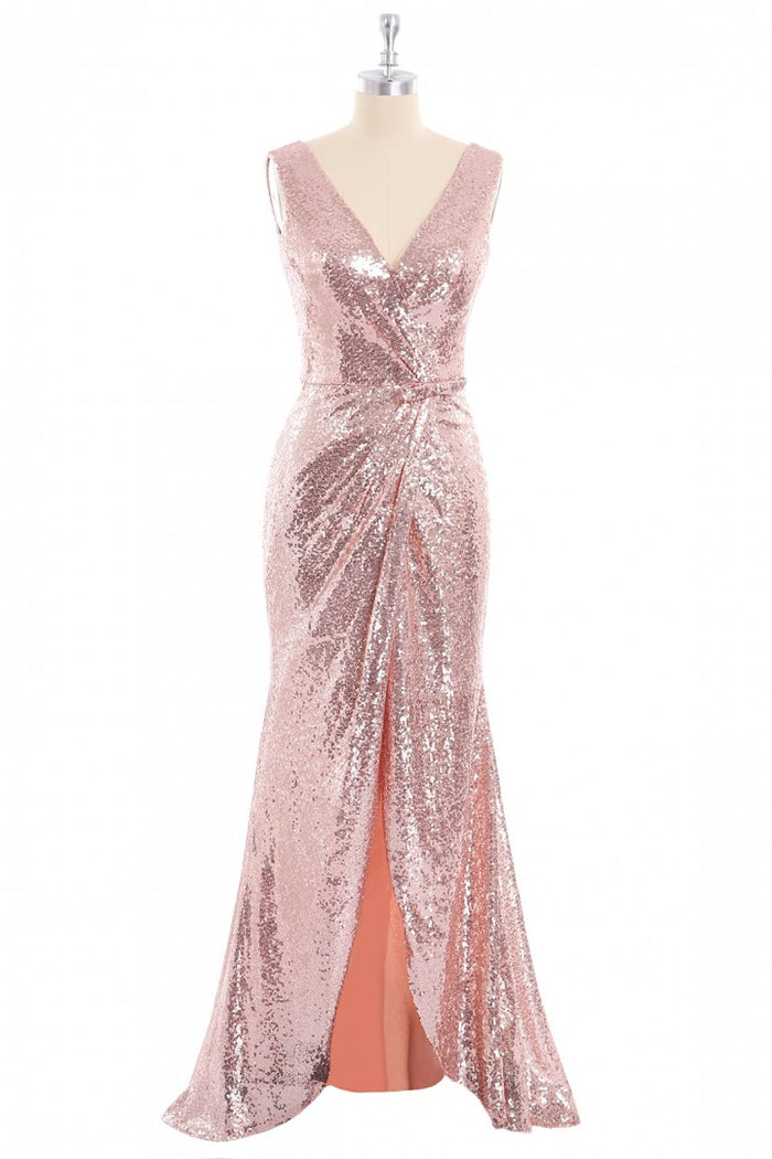 Rose Gold Sequin V-neck Long Formal Dress with Slit