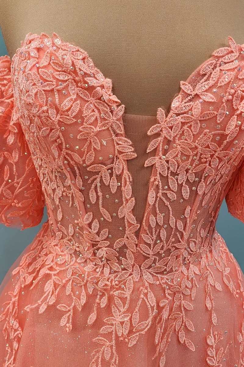 Peach Tulle Floral Lace Strapless A-Line Prom Gown with Puff Sleeves