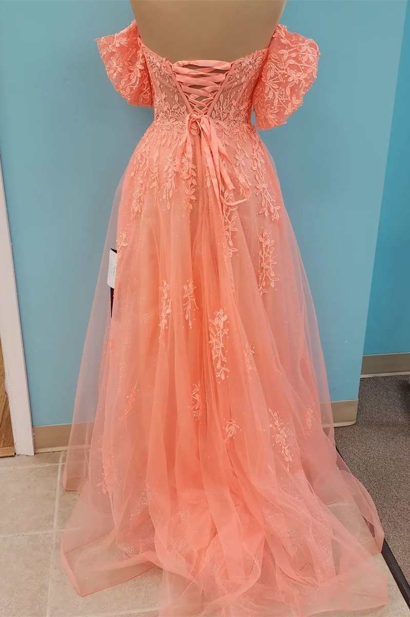 Peach Tulle Floral Lace Strapless A-Line Prom Gown with Puff Sleeves