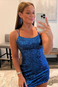 Blue Sequins Lace-Up Mini Homecoming Dress