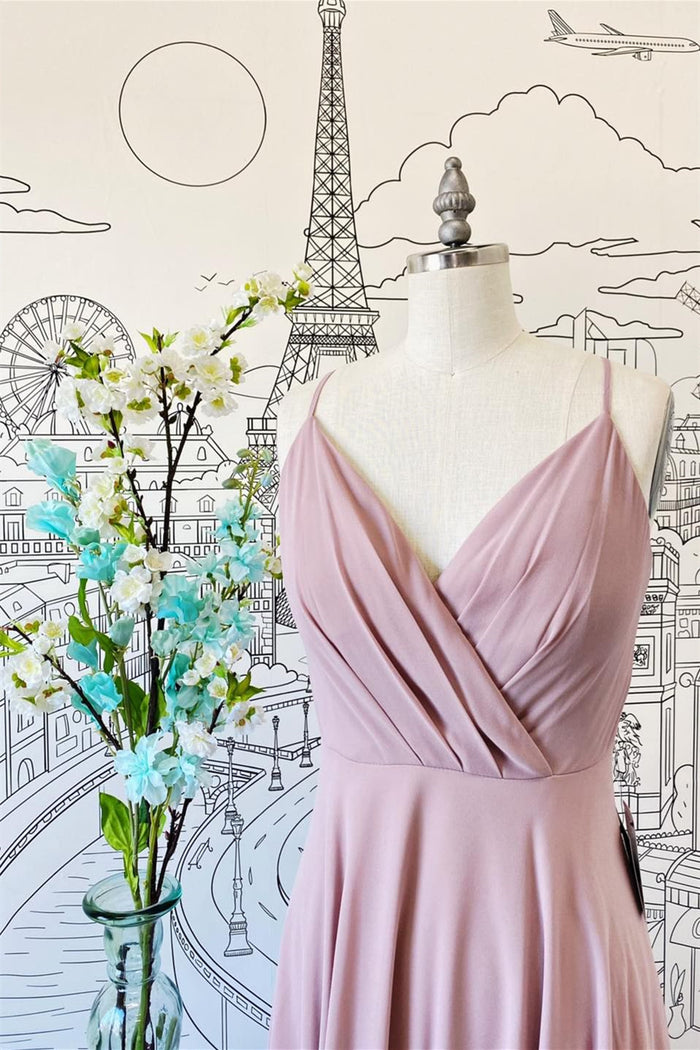 Pink V Neck Spaghetti Straps Pleated Chiffon Long Bridesmaid Dress
