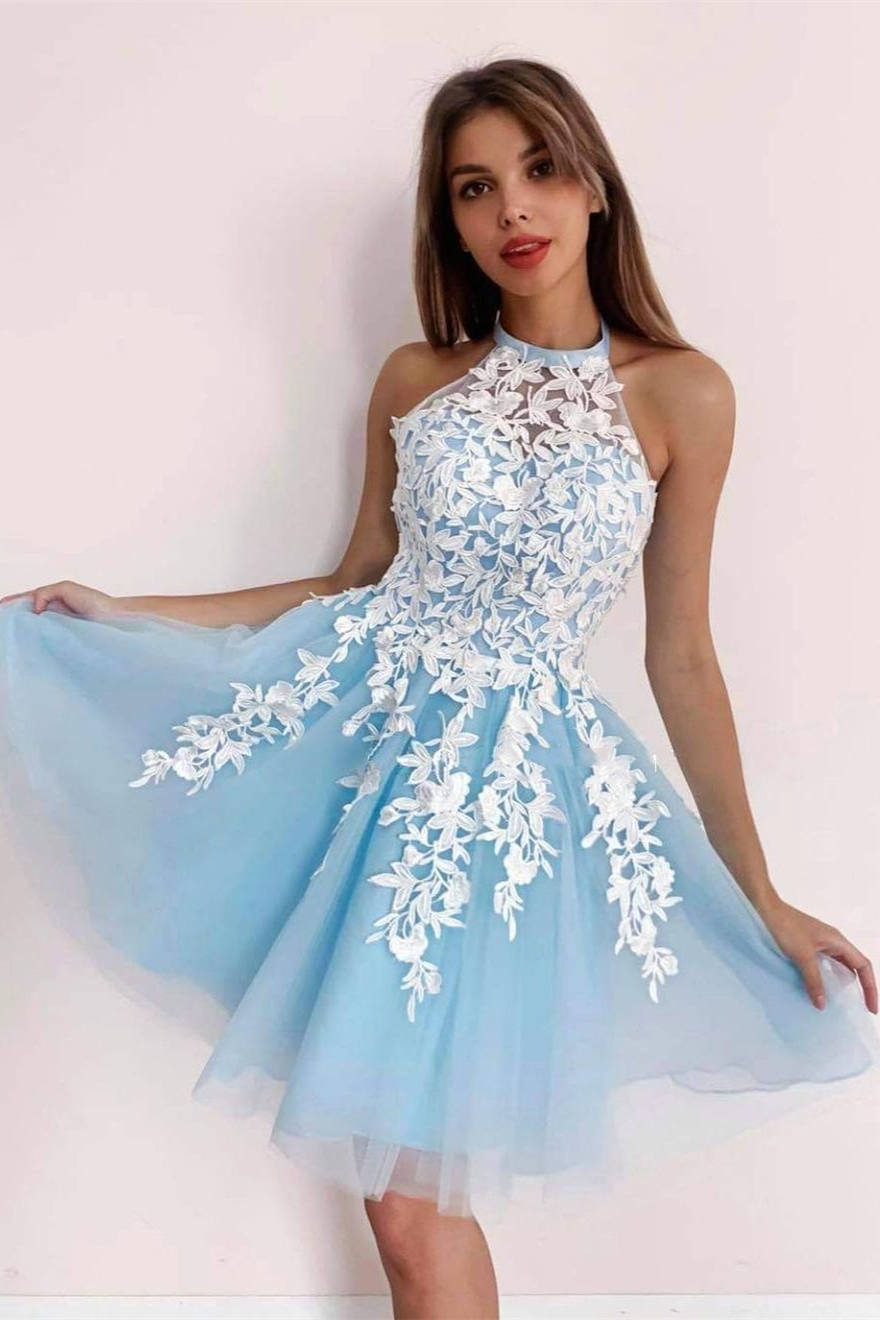 Light Blue Halter Lace Appliques Short Homecoming Dress