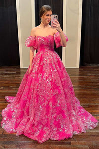 Hot Pink Floral Lace Strapless Ball Gown with Puff Sleeves