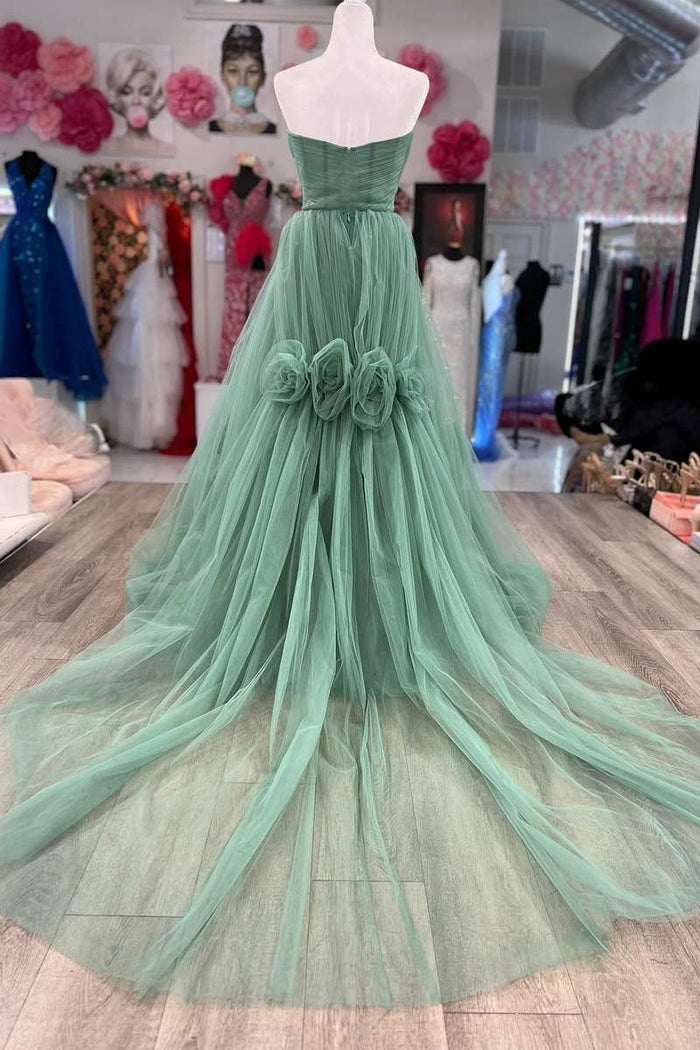 Green Strapless A-Line Long Prom Dress with 3D Flowers