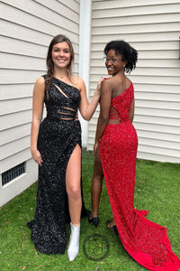 Sequins Mermaid One Shoulder Cut-Out Slit Long Prom Dress