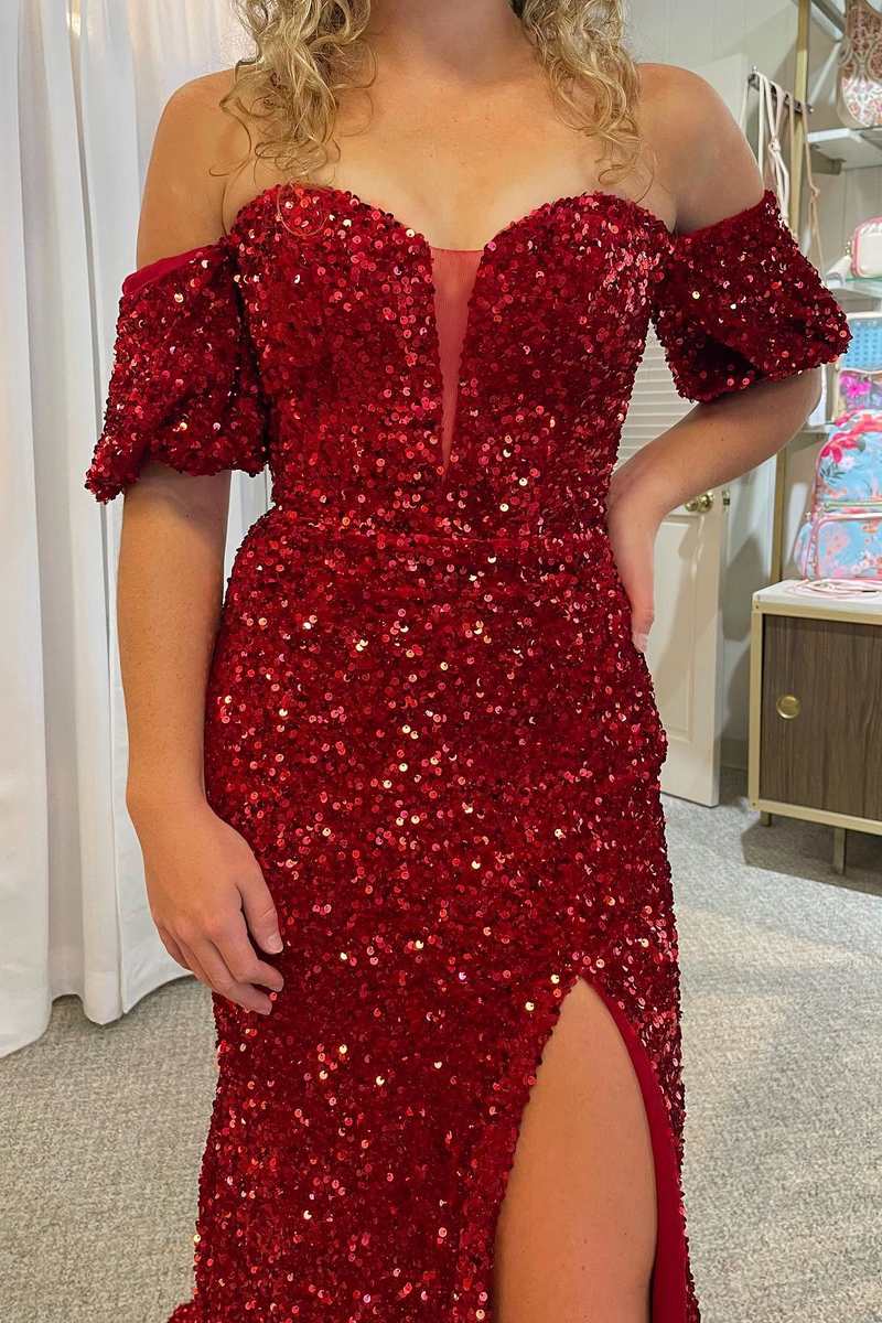 Red Sequin Off-the-Shoulder Mermaid Long Prom Gown with Puff Sleeves