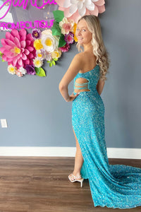 Sequins Mermaid One Shoulder Cut-Out Slit Long Prom Dress