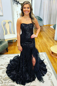 Fuchsia Sequin Feather Strapless Mermaid Long Prom Dress with Slit