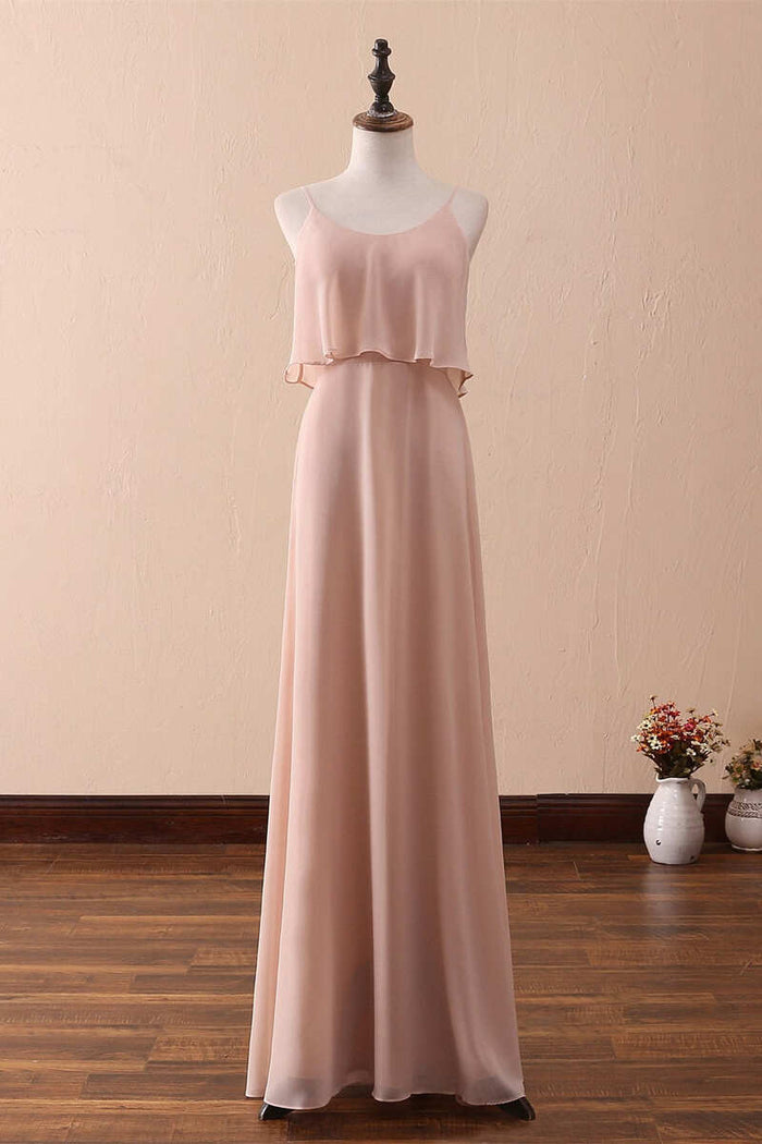 Blush Pink Spaghetti Strap Ruffled Long Bridesmaid Dress