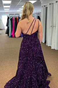 Purple Sequin One-Shoulder Backless A-Line Long Prom Dress