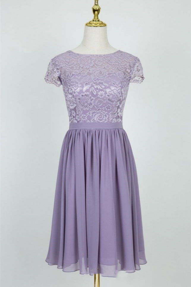 Cute Lace Crew Neck Lilac Bridesmaid Dress