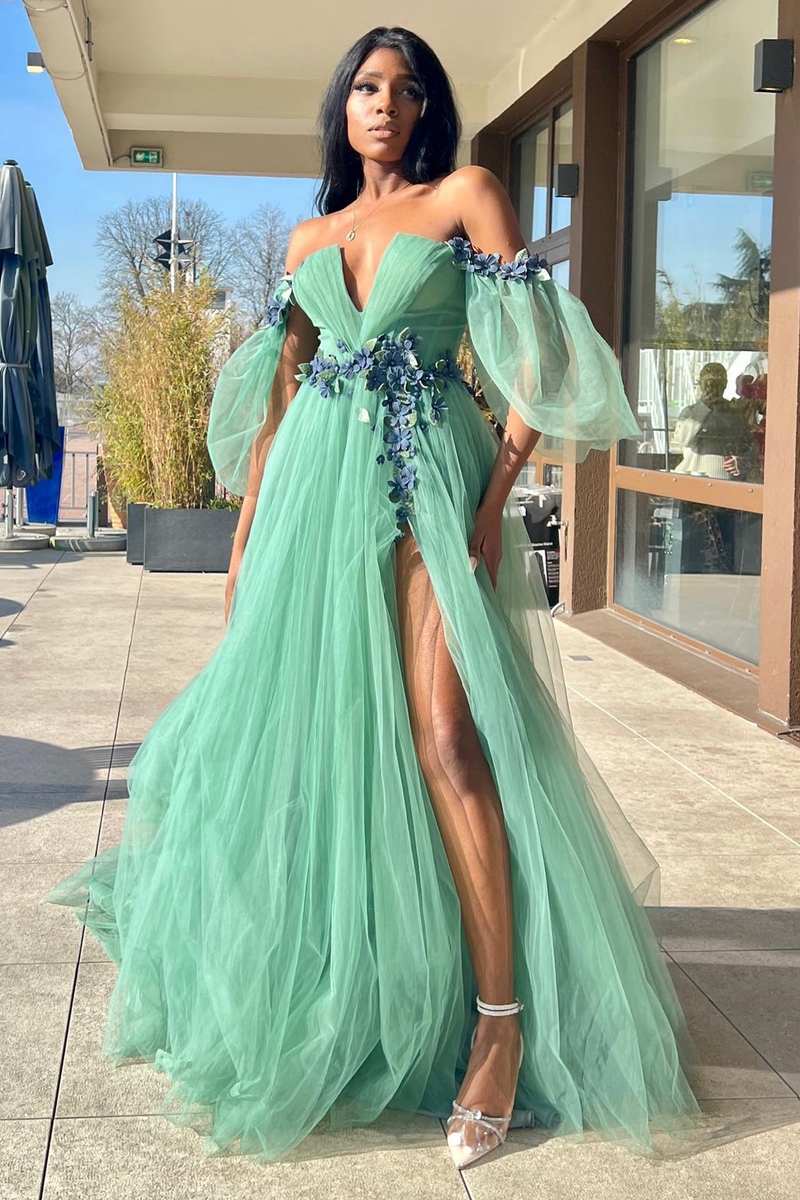 Green Tulle 3D Floral Lace Off the Shoulder A Line Long Prom Dress