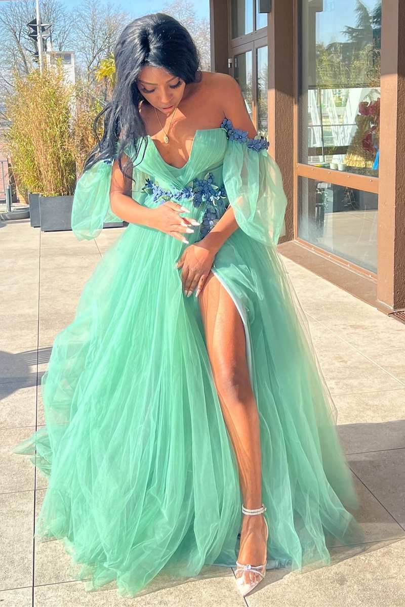 Green Tulle 3D Floral Lace Off the Shoulder A Line Long Prom Dress