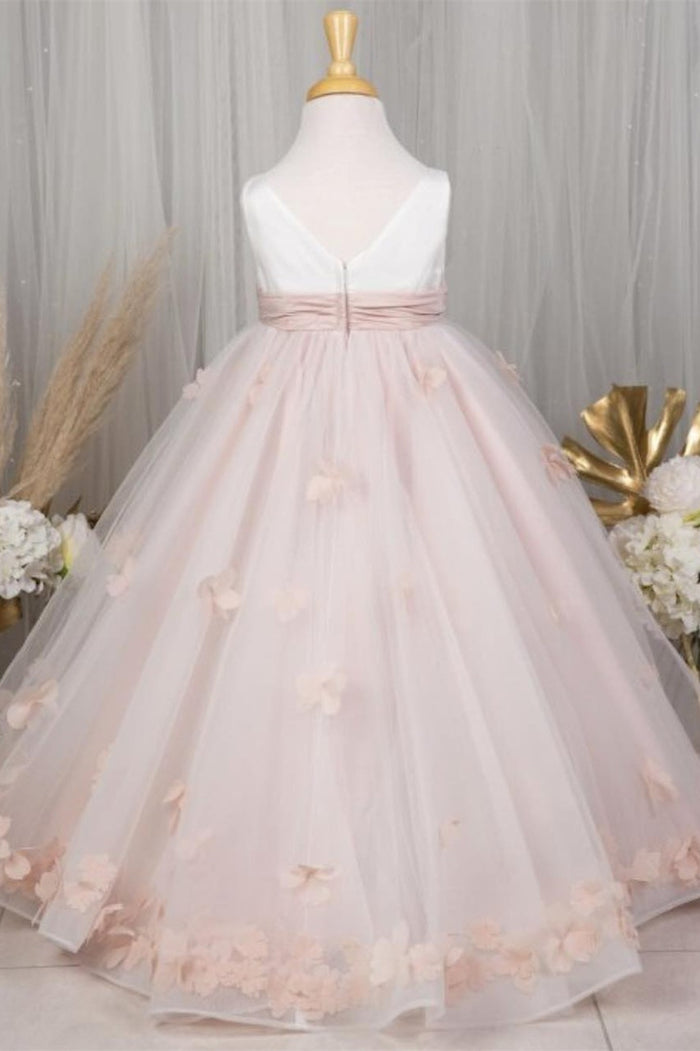 Pink Sleeveless 3D Floral Appliques Long Flower Girl Dress with Sash