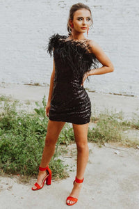 One-Shoulder Light Blue Sequins Feather Mini Homecoming Dress