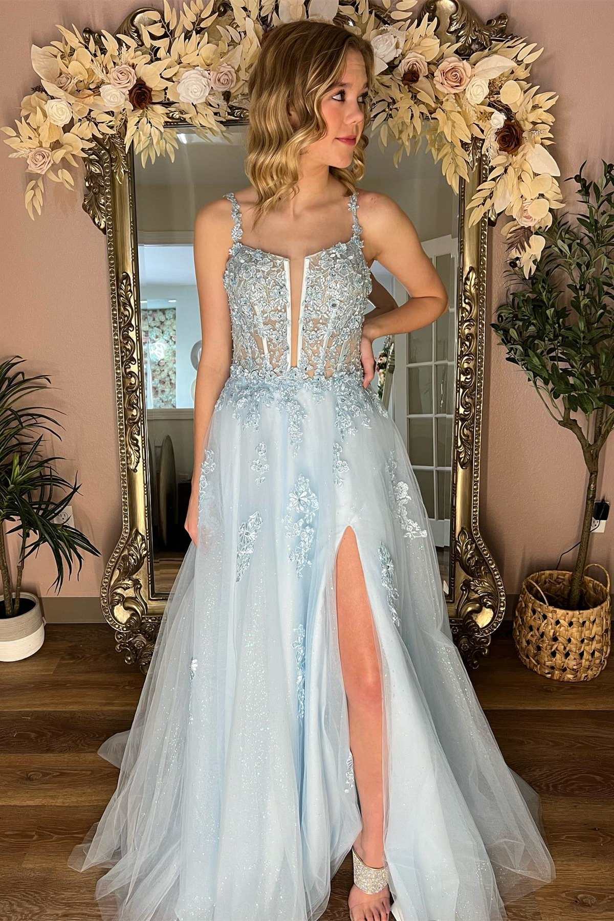 Light Blue Floral Lace Split Neck A-Line Prom Dress with Slit