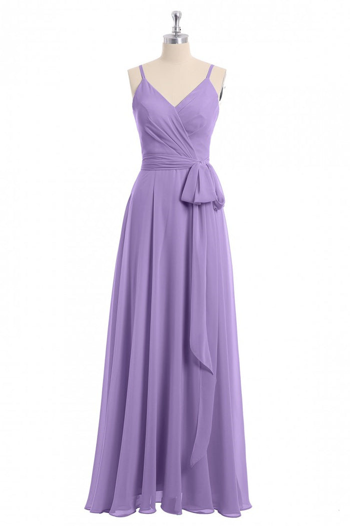 Lavender Spaghetti Straps Tie-Side Long Formal Dress