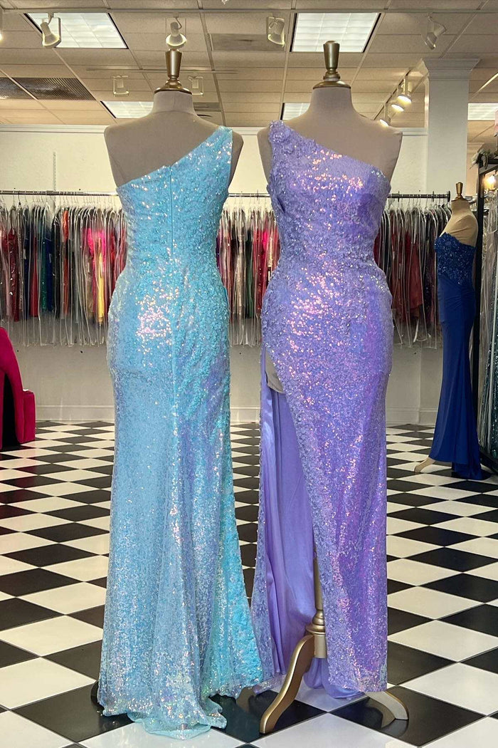 One-Shoulder Sequins Long Prom Dress with Floral Appliques