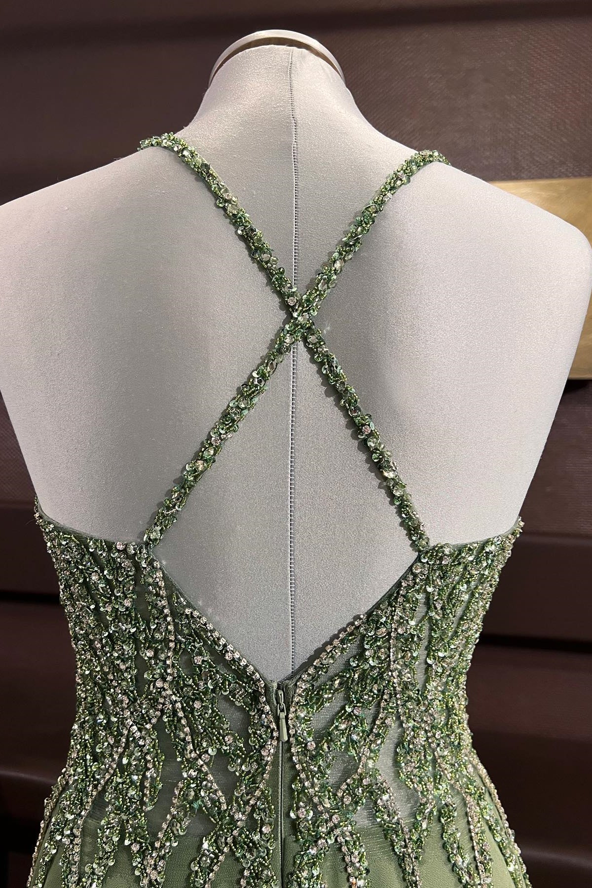 Dusty Sage Beaded Cross Back V Neck Seqins-Embroidery Long Prom Dress