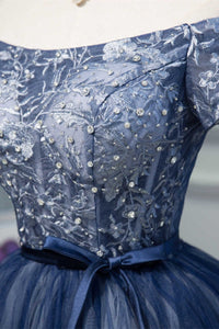 Navy Blue Off-the-Shoulder Beaded A-Line Short Party Dress