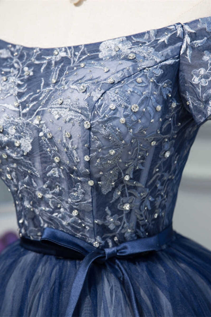 Navy Blue Off-the-Shoulder Beaded A-Line Short Party Dress