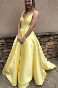 Simple V-Neck Yellow Long Prom Dress