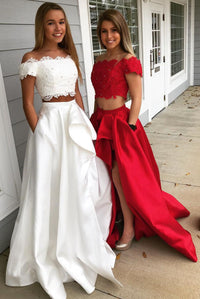 Two Piece Off the Shoulder White-Red Long Prom Dress