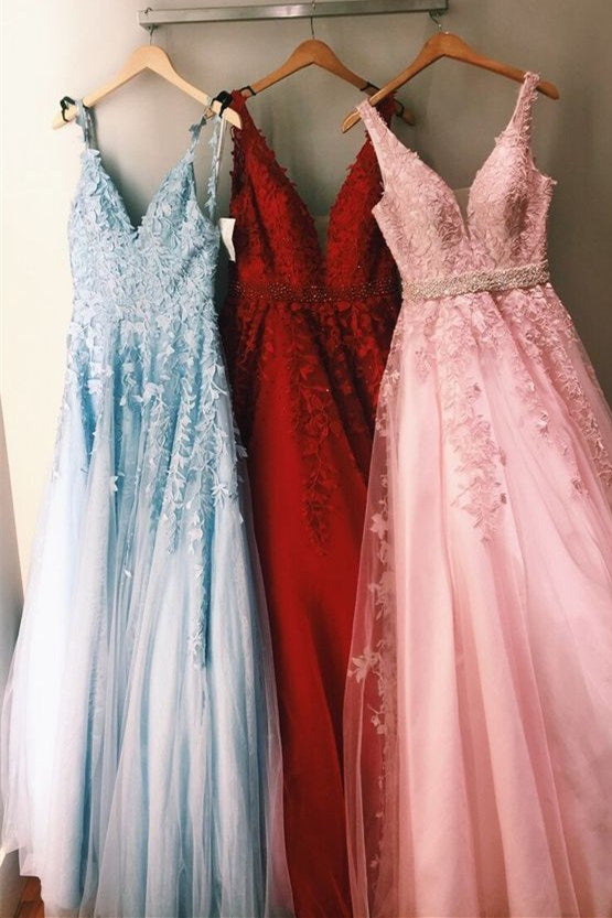 Light Blue Long Prom Dress with Lace Appliques