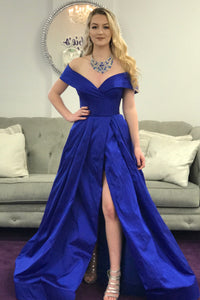 Off the Shoulder Royal Blue Long Prom Dress with Side Slit