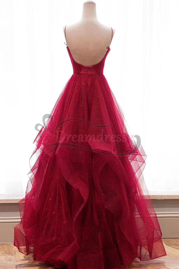 Sparkly Straps Ruffles Red Long Prom Dress with Open Back