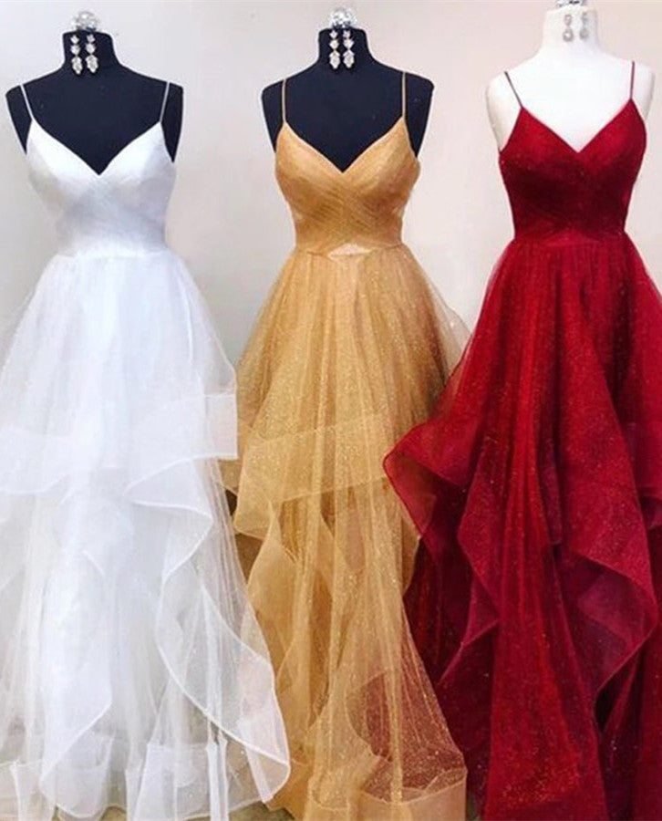 Sparkly Straps Ruffles Red Long Prom Dress with Open Back